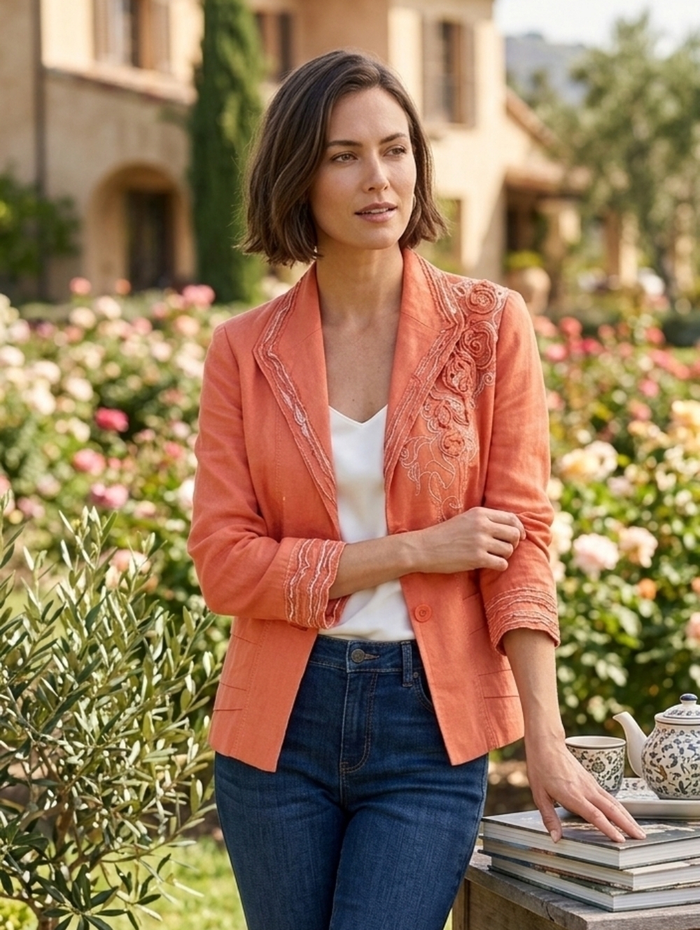 Coldwater Creek Women's Boho Orange Floral Embroidered Linen Blazer Size 12